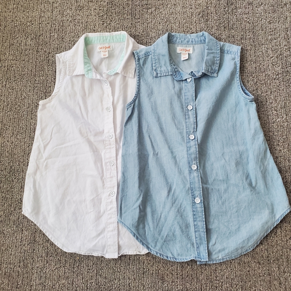 Cat & Jack Girls Sleeveless Button-Down Tops in White and Light Blue
